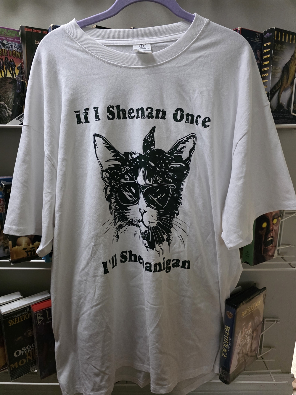 White Cat Graphic Short Sleeve Tee - Playful Sunglasses Cat